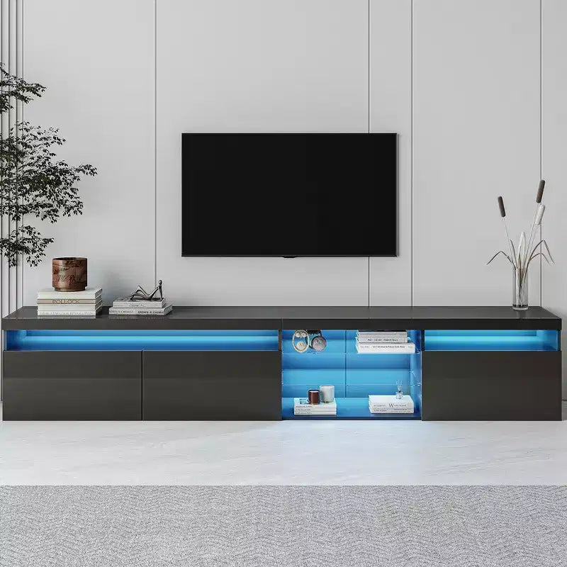 Mobile TV moderno con luci a LED per TV da 105 pollici, Tavolo Mobile Porta TV con Ripiani in Vetro per Soggiorno