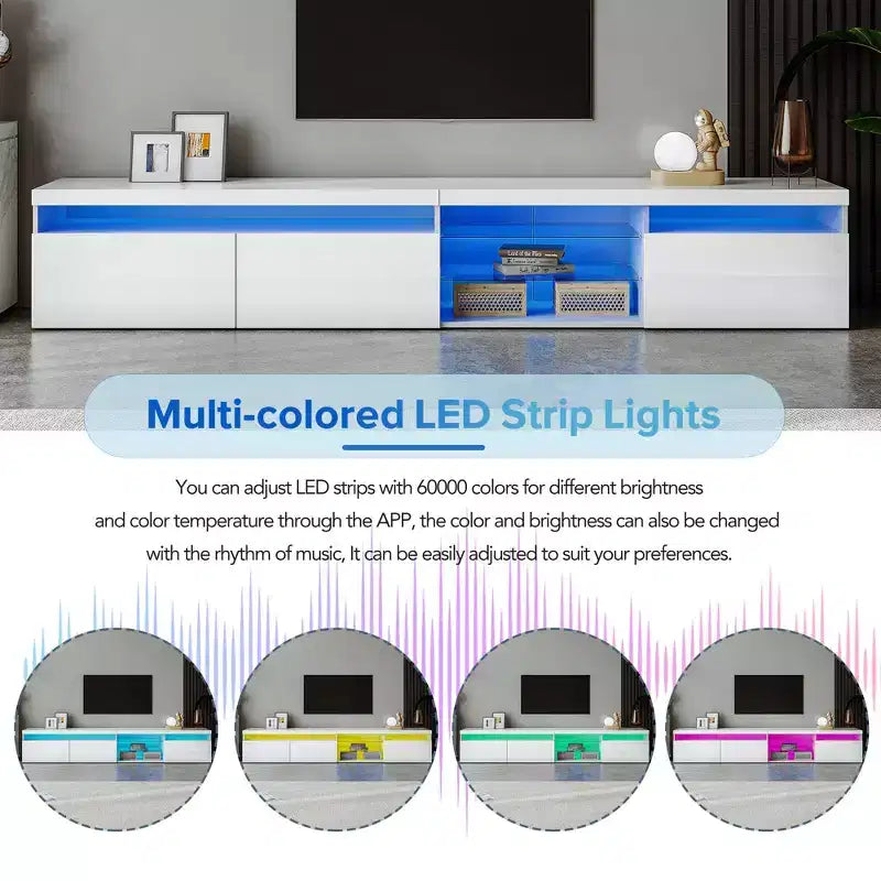 Mobile TV moderno con luci a LED per TV da 105 pollici, Tavolo Mobile Porta TV con Ripiani in Vetro per Soggiorno
