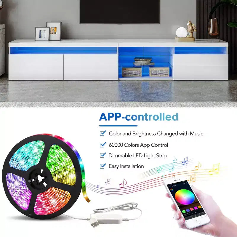 Mobile TV moderno con luci a LED per TV da 105 pollici, Tavolo Mobile Porta TV con Ripiani in Vetro per Soggiorno