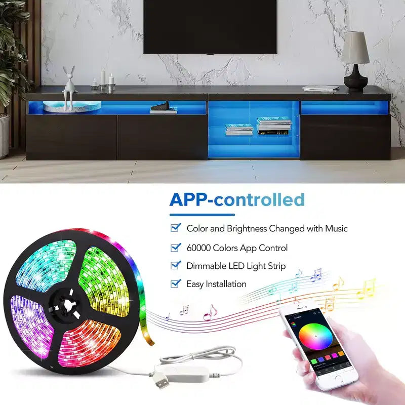 Mobile TV moderno con luci a LED per TV da 105 pollici, Tavolo Mobile Porta TV con Ripiani in Vetro per Soggiorno