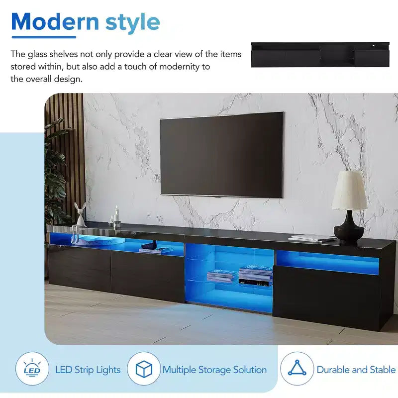 Mobile TV moderno con luci a LED per TV da 105 pollici, Tavolo Mobile Porta TV con Ripiani in Vetro per Soggiorno