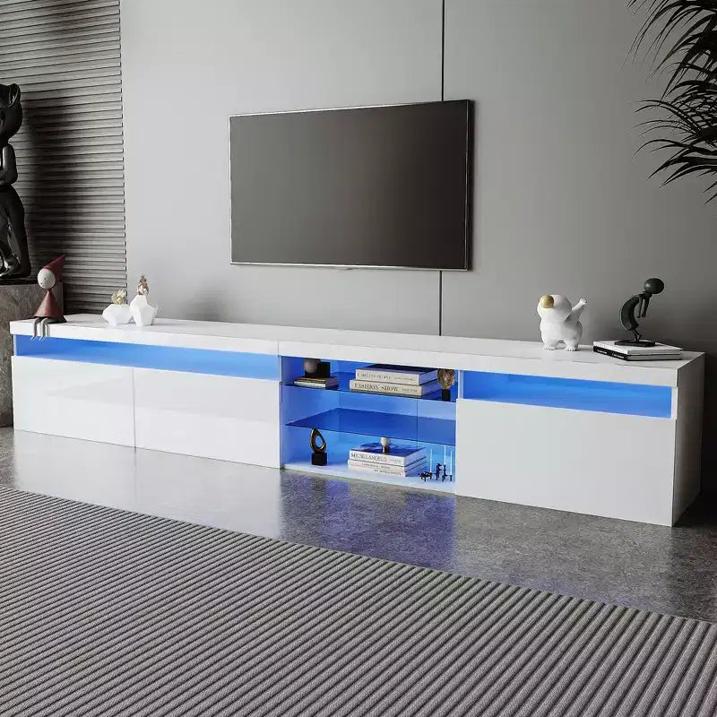 Mobile TV moderno con luci a LED per TV da 105 pollici, Tavolo Mobile Porta TV con Ripiani in Vetro per Soggiorno