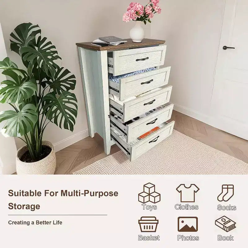 Comò alto da fattoria a 5 cassetti con finitura effetto legno, mobile multiuso per camera da letto, soggiorno, ingresso, montaggio facile, costruzione robusta