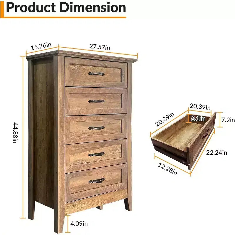 Comò alto da fattoria a 5 cassetti con finitura effetto legno, mobile multiuso per camera da letto, soggiorno, ingresso, montaggio facile, costruzione robusta