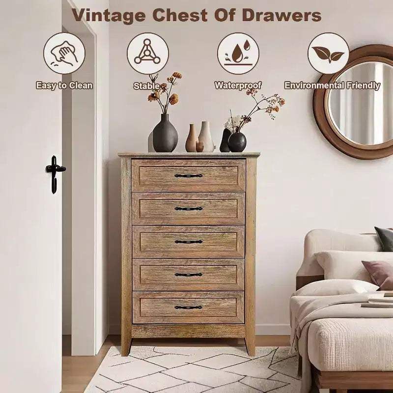 Comò alto da fattoria a 5 cassetti con finitura effetto legno, mobile multiuso per camera da letto, soggiorno, ingresso, montaggio facile, costruzione robusta
