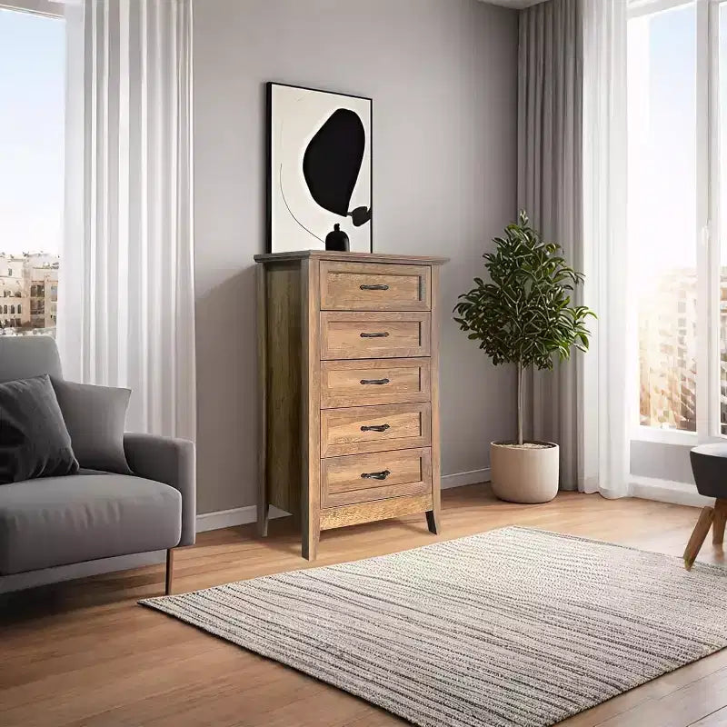 Comò alto da fattoria a 5 cassetti con finitura effetto legno, mobile multiuso per camera da letto, soggiorno, ingresso, montaggio facile, costruzione robusta