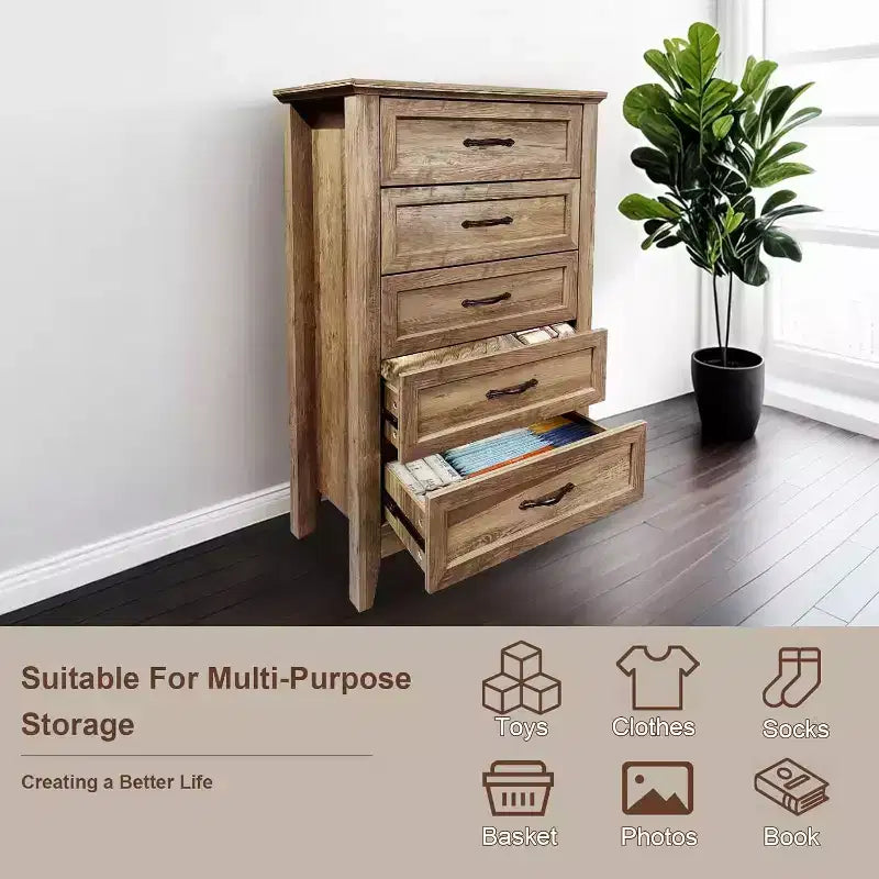 Comò alto da fattoria a 5 cassetti con finitura effetto legno, mobile multiuso per camera da letto, soggiorno, ingresso, montaggio facile, costruzione robusta