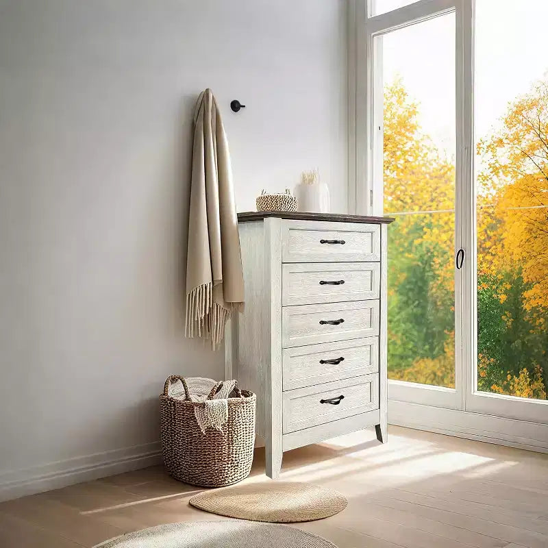 Comò alto da fattoria a 5 cassetti con finitura effetto legno, mobile multiuso per camera da letto, soggiorno, ingresso, montaggio facile, costruzione robusta