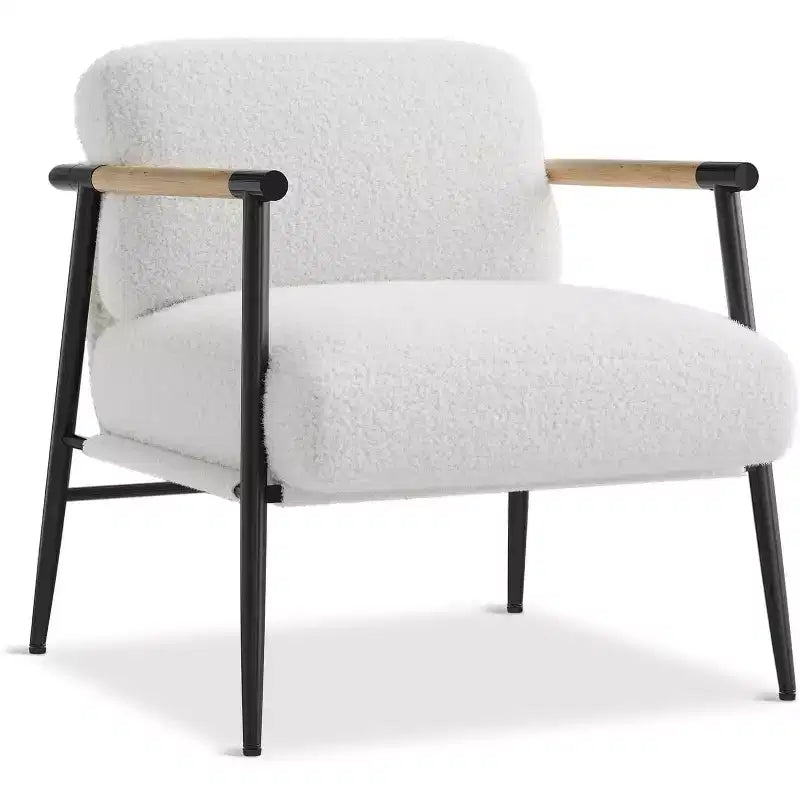 Comoda poltrona, poltrona moderna con struttura in metallo, accogliente poltrona da lettura con morbido cuscino e braccioli in legno per camera da letto, soggiorno