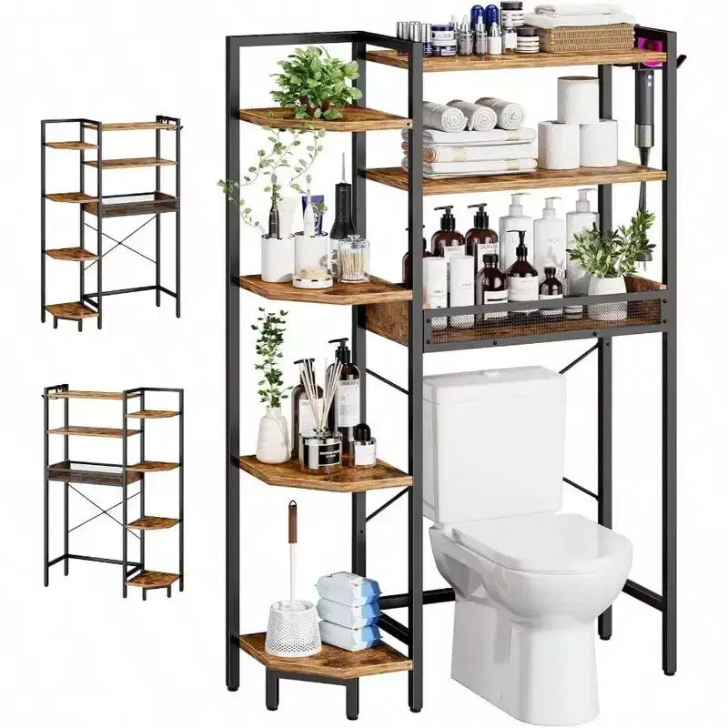 K1 Heavy Duty Tier Over Toilet Storage with Basket and Paper Hook Freestanding Above Toilet Shelf Adjustable Feet Rustic Brown