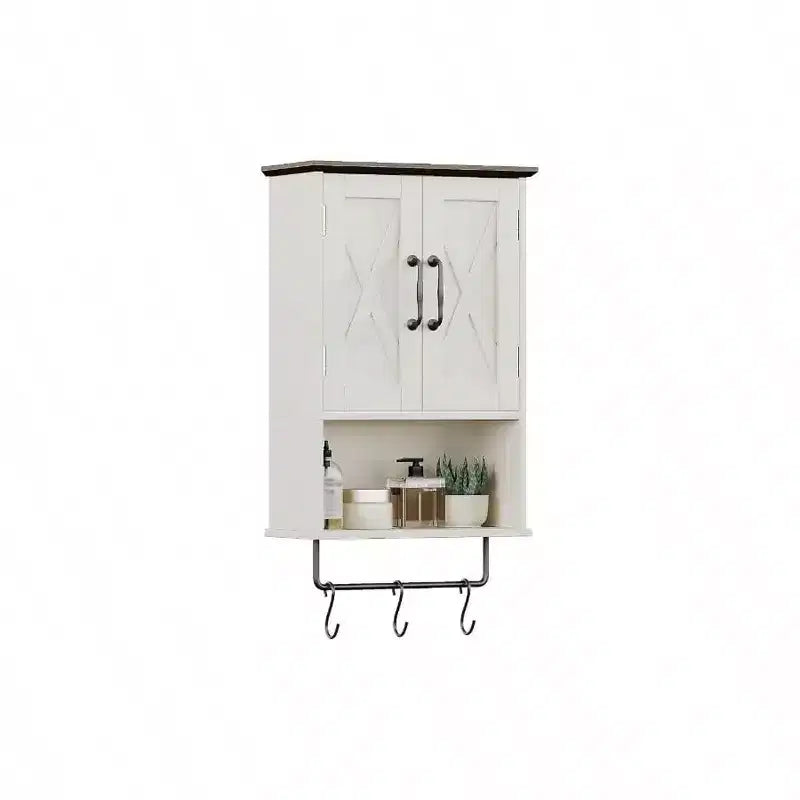 Farmhouse Cabinet Bathroom Wall Cabinet with Adjustable Shelf Towel Bar 3 Hooks Over Toilet Storage Cabinet 19.3''L Antique White Brown