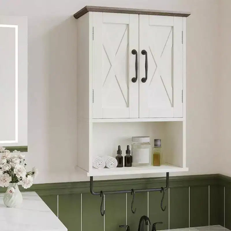 Pensile da bagno rustico con ripiano regolabile, portasciugamani, 3 ganci, mobiletto portaoggetti sopra il WC, 49 cm L, bianco antico marrone