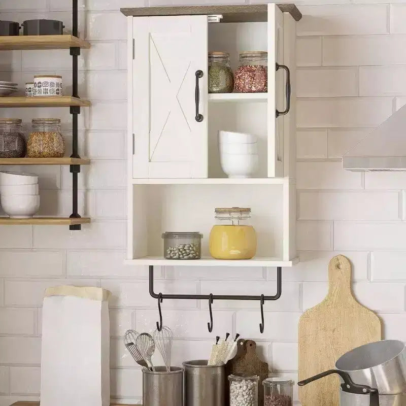 Pensile da bagno rustico con ripiano regolabile, portasciugamani, 3 ganci, mobiletto portaoggetti sopra il WC, 49 cm L, bianco antico marrone