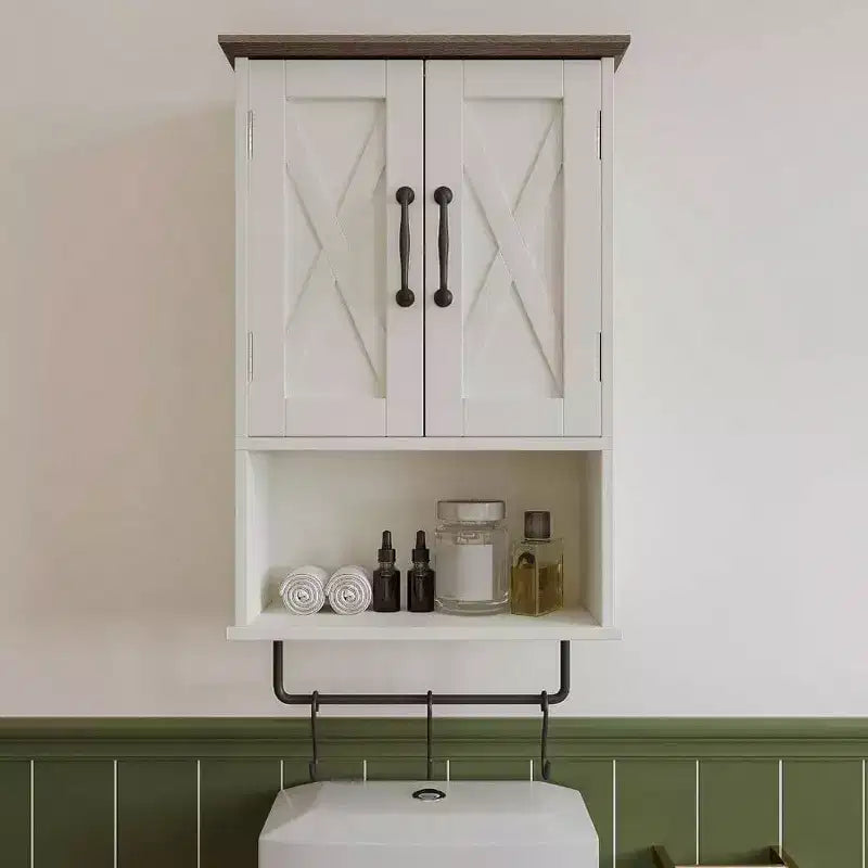 Pensile da bagno rustico con ripiano regolabile, portasciugamani, 3 ganci, mobiletto portaoggetti sopra il WC, 49 cm L, bianco antico marrone
