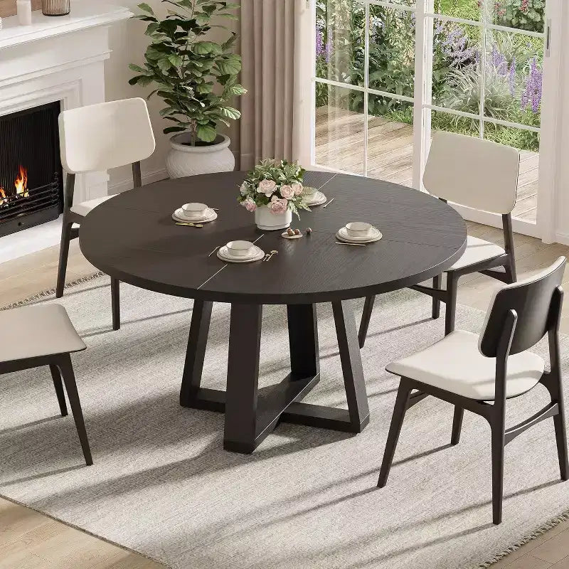 Tavolo da pranzo rotondo COZONY da 47 pollici per 4-6 persone, tavolo da cucina moderno con robusta base a forma di croce e piedini regolabili, tavolo nero per sala da pranzo