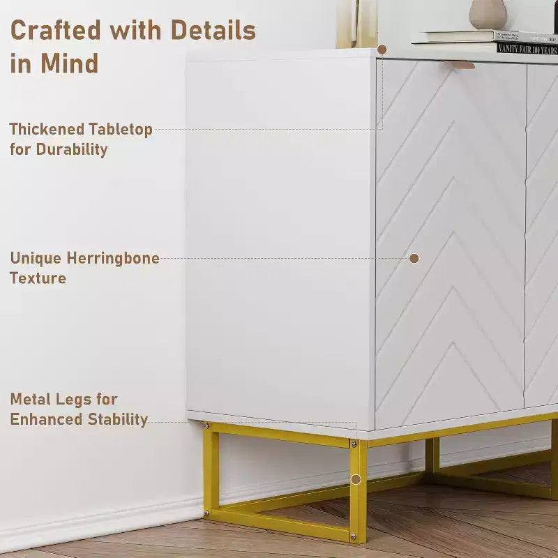 COZONY Madia Moderna con Credenza e Ante a Spina di Pesce, Mobile da Soggiorno con Ripiano Regolabile per Sala da Pranzo, Soggiorno
