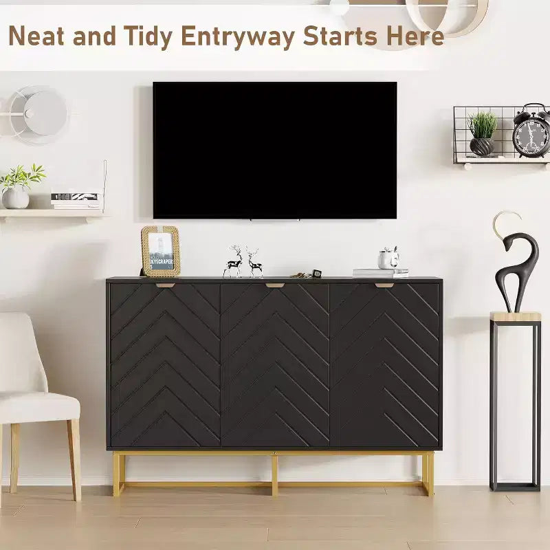 COZONY Madia Moderna con Credenza e Ante a Spina di Pesce, Mobile da Soggiorno con Ripiano Regolabile per Sala da Pranzo, Soggiorno
