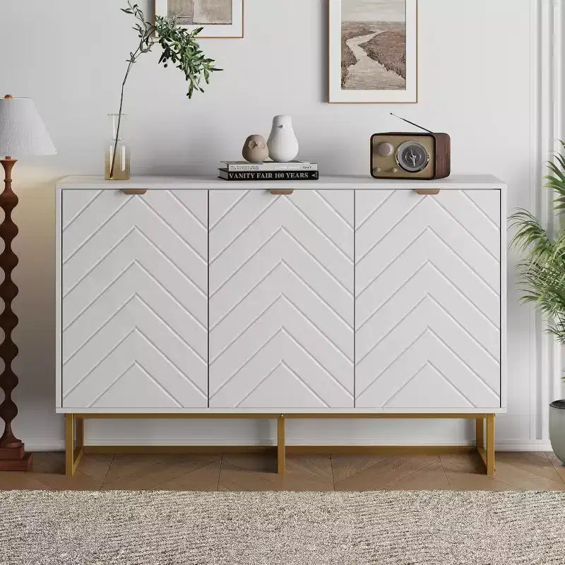 COZONY Madia Moderna con Credenza e Ante a Spina di Pesce, Mobile da Soggiorno con Ripiano Regolabile per Sala da Pranzo, Soggiorno
