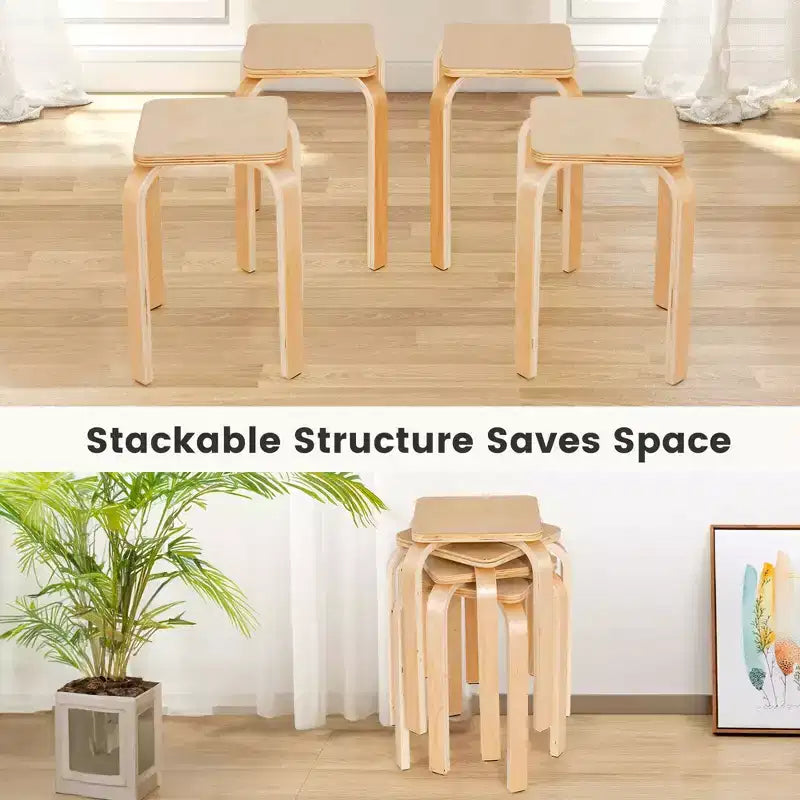 Sgabelli senza schienale quadrati Costway, set da 4, con angoli arrotondati e tappetini in feltro antiscivolo, in legno