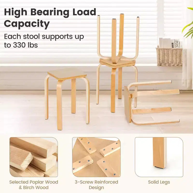 Sgabelli senza schienale quadrati Costway, set da 4, con angoli arrotondati e tappetini in feltro antiscivolo, in legno