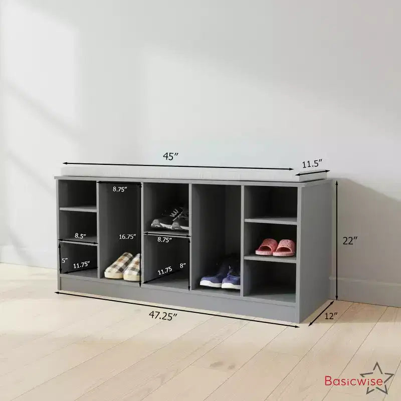 Panca Contenitore Portascarpe in Legno Multiuso Basicwise con Seduta Imbottita, Scomparti Aperti e Organizzatore Versatile per Scarpe e Accessori