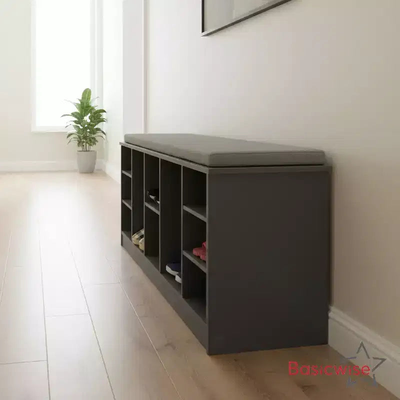 Panca Contenitore Portascarpe in Legno Multiuso Basicwise con Seduta Imbottita, Scomparti Aperti e Organizzatore Versatile per Scarpe e Accessori