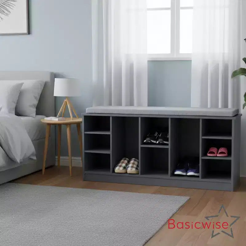 Panca Contenitore Portascarpe in Legno Multiuso Basicwise con Seduta Imbottita, Scomparti Aperti e Organizzatore Versatile per Scarpe e Accessori