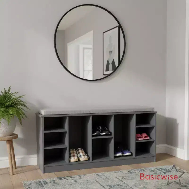 Panca Contenitore Portascarpe in Legno Multiuso Basicwise con Seduta Imbottita, Scomparti Aperti e Organizzatore Versatile per Scarpe e Accessori