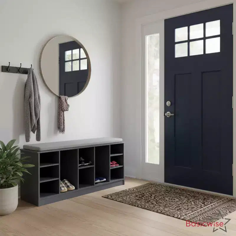 Panca Contenitore Portascarpe in Legno Multiuso Basicwise con Seduta Imbottita, Scomparti Aperti e Organizzatore Versatile per Scarpe e Accessori