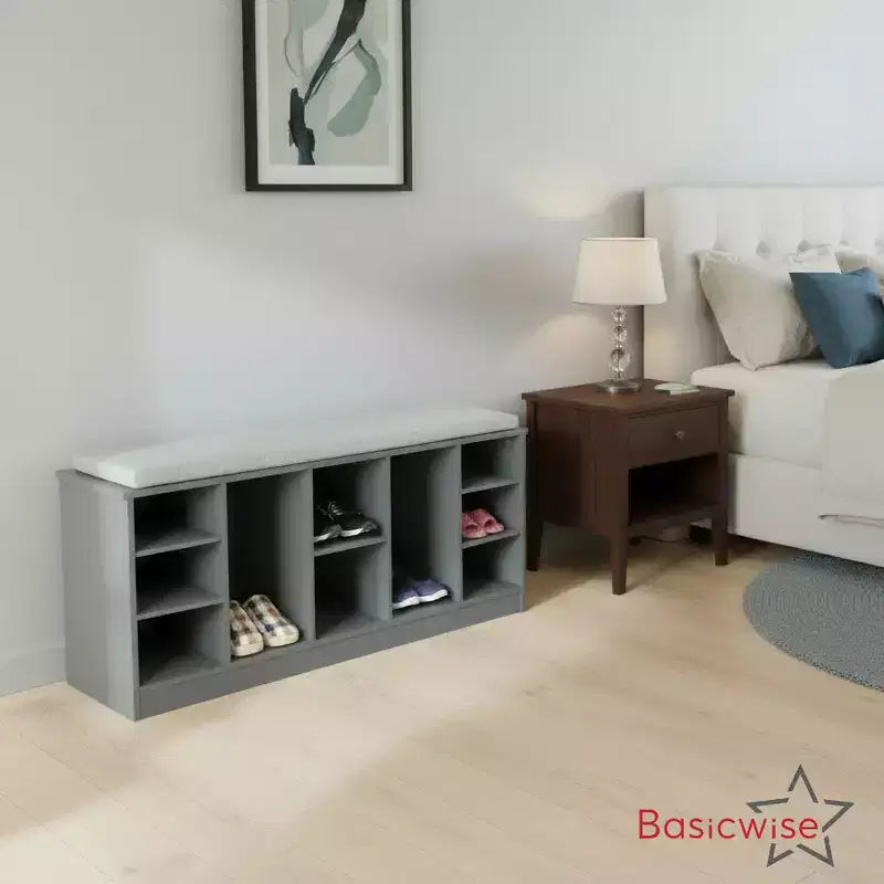 Panca Contenitore Portascarpe in Legno Multiuso Basicwise con Seduta Imbottita, Scomparti Aperti e Organizzatore Versatile per Scarpe e Accessori