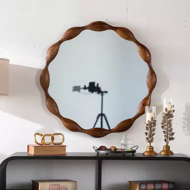 GDFStudio Ursa Specchio da Parete Decorativo Rotondo Ondulato in Legno in Stile Rustico