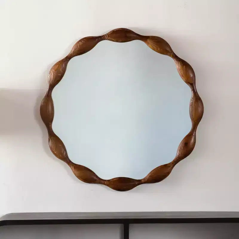 GDFStudio Ursa Specchio da Parete Decorativo Rotondo Ondulato in Legno in Stile Rustico