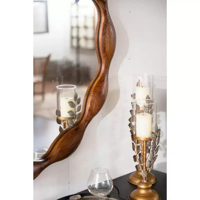 GDFStudio Ursa Specchio da Parete Decorativo Rotondo Ondulato in Legno in Stile Rustico