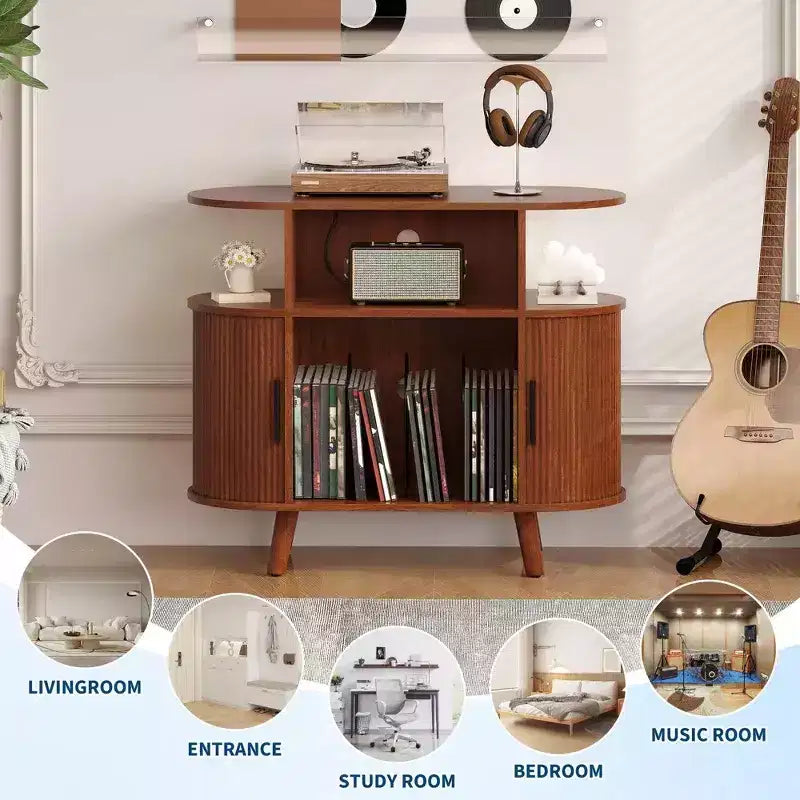 Mobile porta dischi in vinile e supporto per giradischi, supporto per giradischi in legno da 35 pollici con ripiani aperti, capacità di oltre 300 dischi, console multimediale multifunzionale