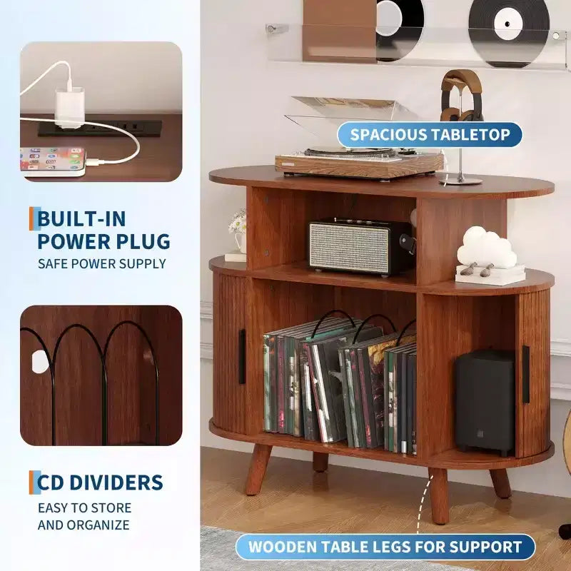 Mobile porta dischi in vinile e supporto per giradischi, supporto per giradischi in legno da 35 pollici con ripiani aperti, capacità di oltre 300 dischi, console multimediale multifunzionale