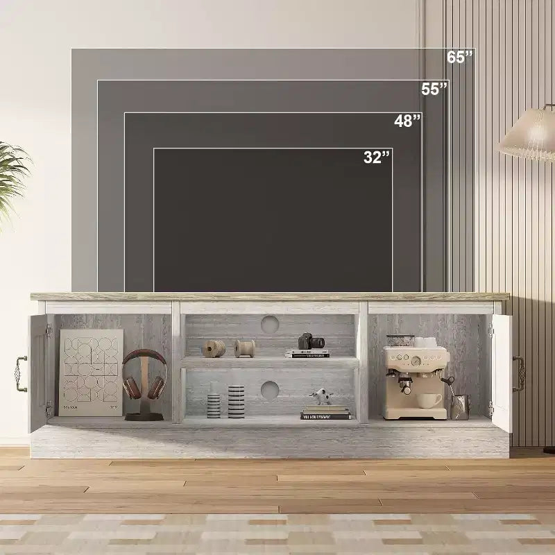 Mobile TV rustico per TV da 65 pollici, mobile soggiorno con armadietti, mobile multimediale moderno, design in legno rustico per soggiorno