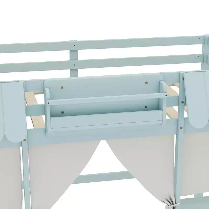 Lettino a soppalco Montessori Bellemave con libreria, tenda, mensola portaoggetti e sponda, design divertente e giocoso per bambini