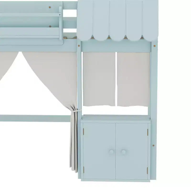 Lettino a soppalco Montessori Bellemave con libreria, tenda, mensola portaoggetti e sponda, design divertente e giocoso per bambini