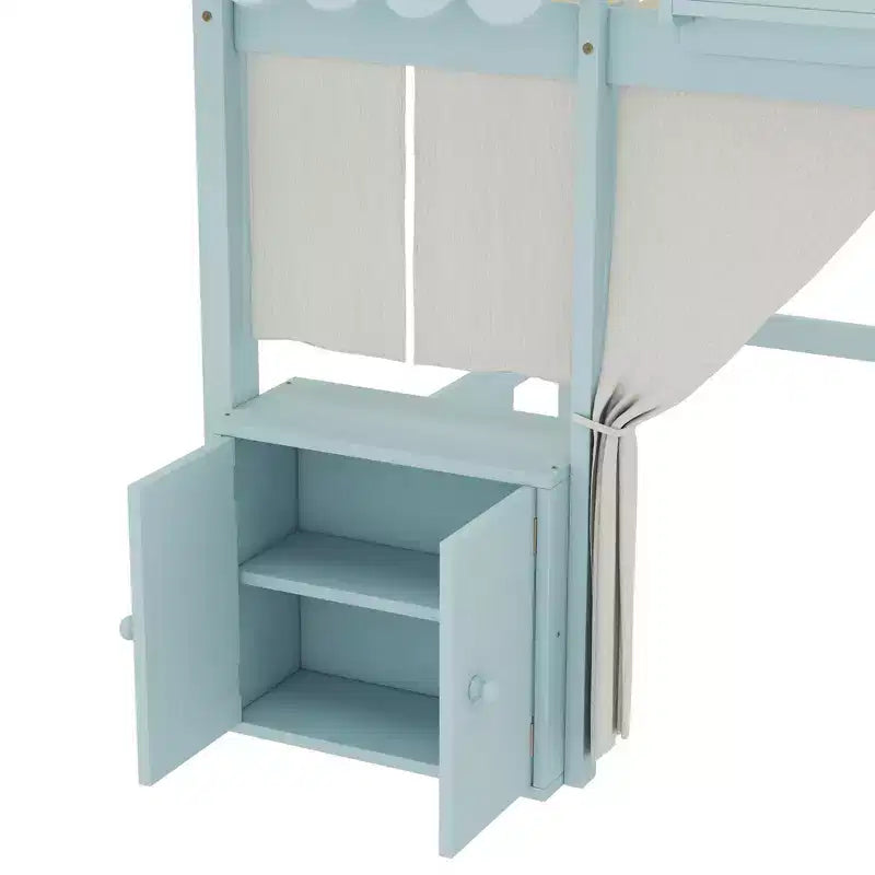 Lettino a soppalco Montessori Bellemave con libreria, tenda, mensola portaoggetti e sponda, design divertente e giocoso per bambini