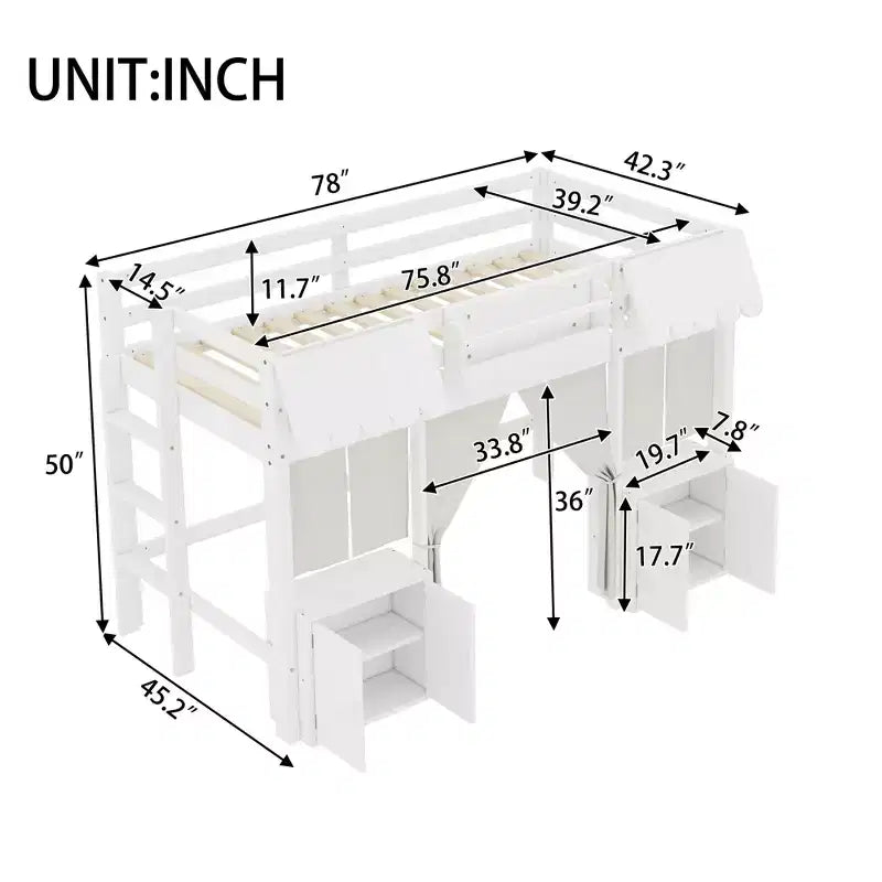 Lettino a soppalco Montessori Bellemave con libreria, tenda, mensola portaoggetti e sponda, design divertente e giocoso per bambini