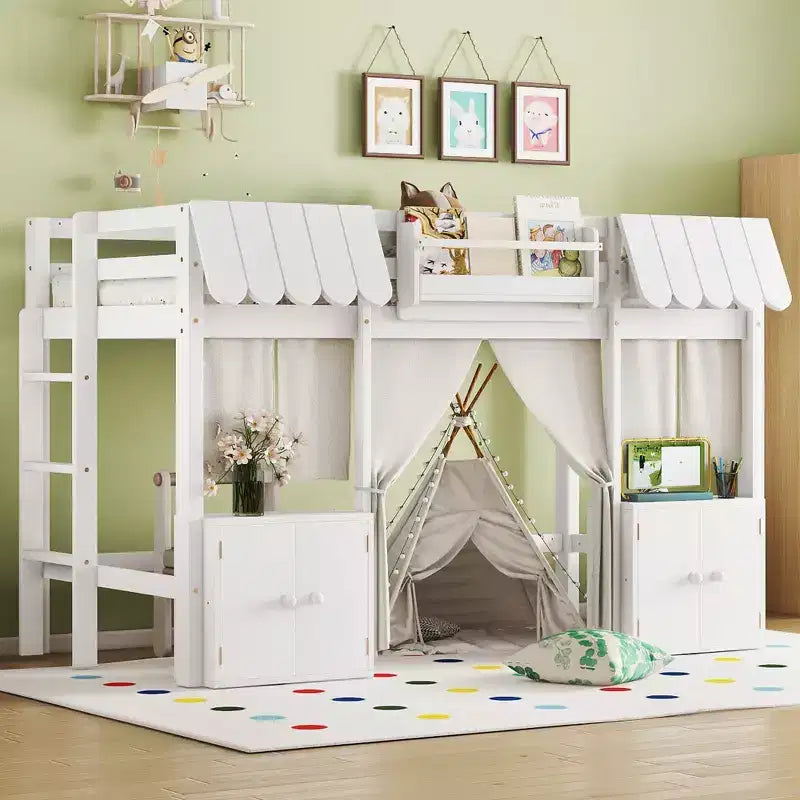 Lettino a soppalco Montessori Bellemave con libreria, tenda, mensola portaoggetti e sponda, design divertente e giocoso per bambini