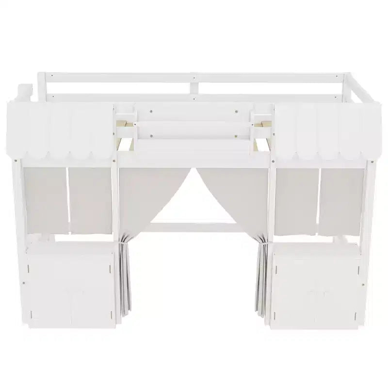 Lettino a soppalco Montessori Bellemave con libreria, tenda, mensola portaoggetti e sponda, design divertente e giocoso per bambini