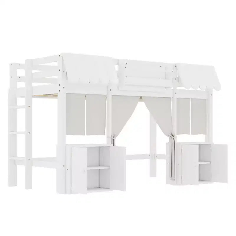 Lettino a soppalco Montessori Bellemave con libreria, tenda, mensola portaoggetti e sponda, design divertente e giocoso per bambini