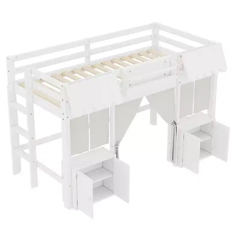 Lettino a soppalco Montessori Bellemave con libreria, tenda, mensola portaoggetti e sponda, design divertente e giocoso per bambini