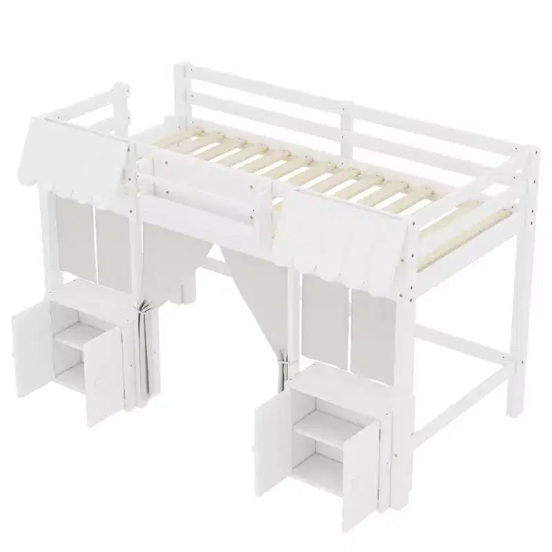 Lettino a soppalco Montessori Bellemave con libreria, tenda, mensola portaoggetti e sponda, design divertente e giocoso per bambini