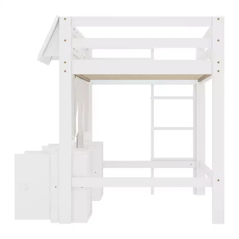 Lettino a soppalco Montessori Bellemave con libreria, tenda, mensola portaoggetti e sponda, design divertente e giocoso per bambini