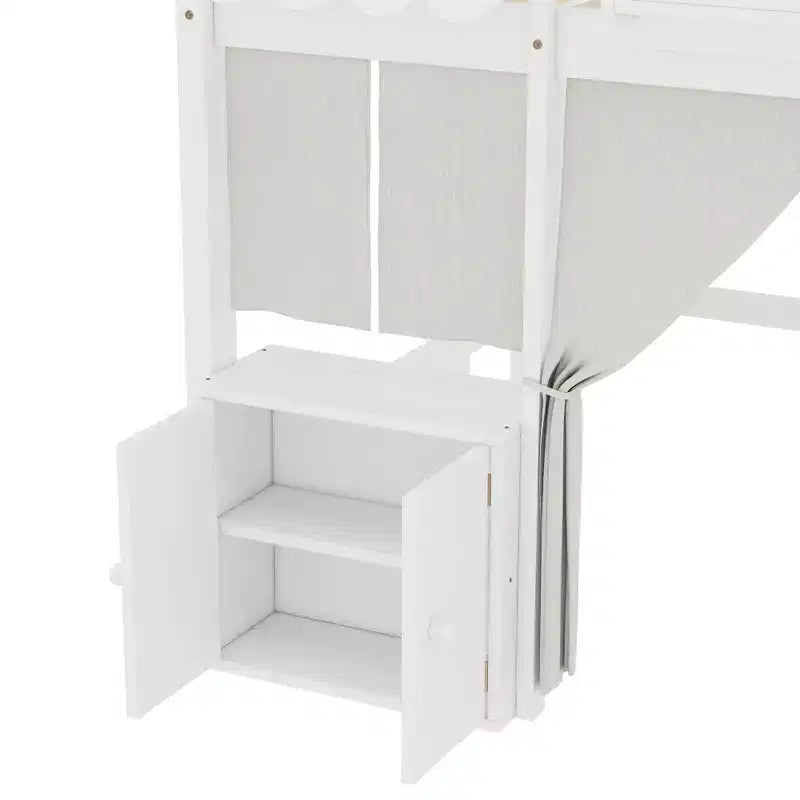 Lettino a soppalco Montessori Bellemave con libreria, tenda, mensola portaoggetti e sponda, design divertente e giocoso per bambini