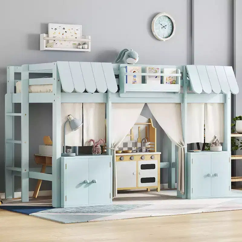 Lettino a soppalco Montessori Bellemave con libreria, tenda, mensola portaoggetti e sponda, design divertente e giocoso per bambini