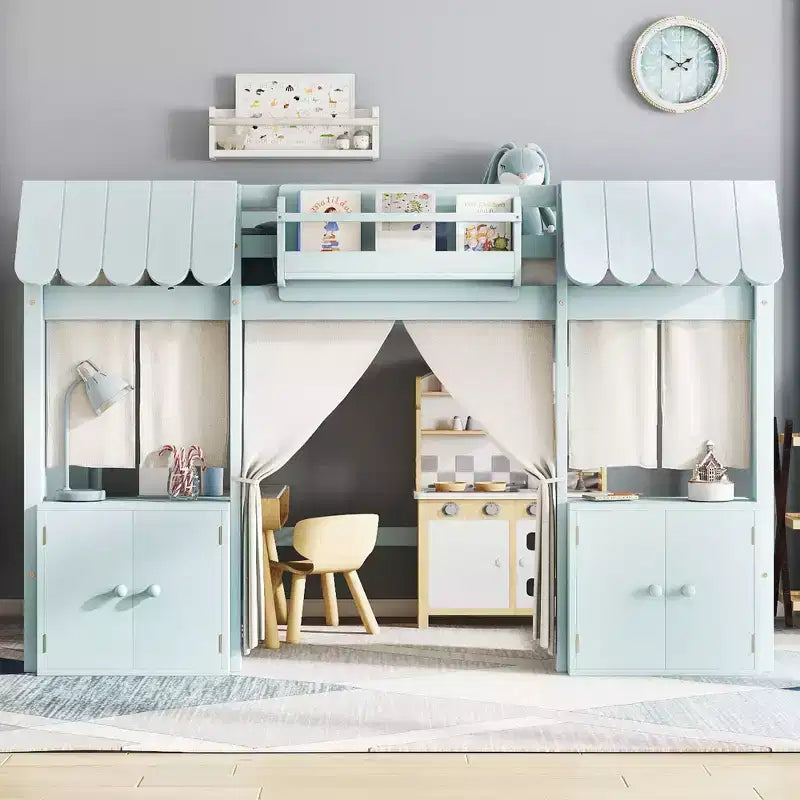 Lettino a soppalco Montessori Bellemave con libreria, tenda, mensola portaoggetti e sponda, design divertente e giocoso per bambini
