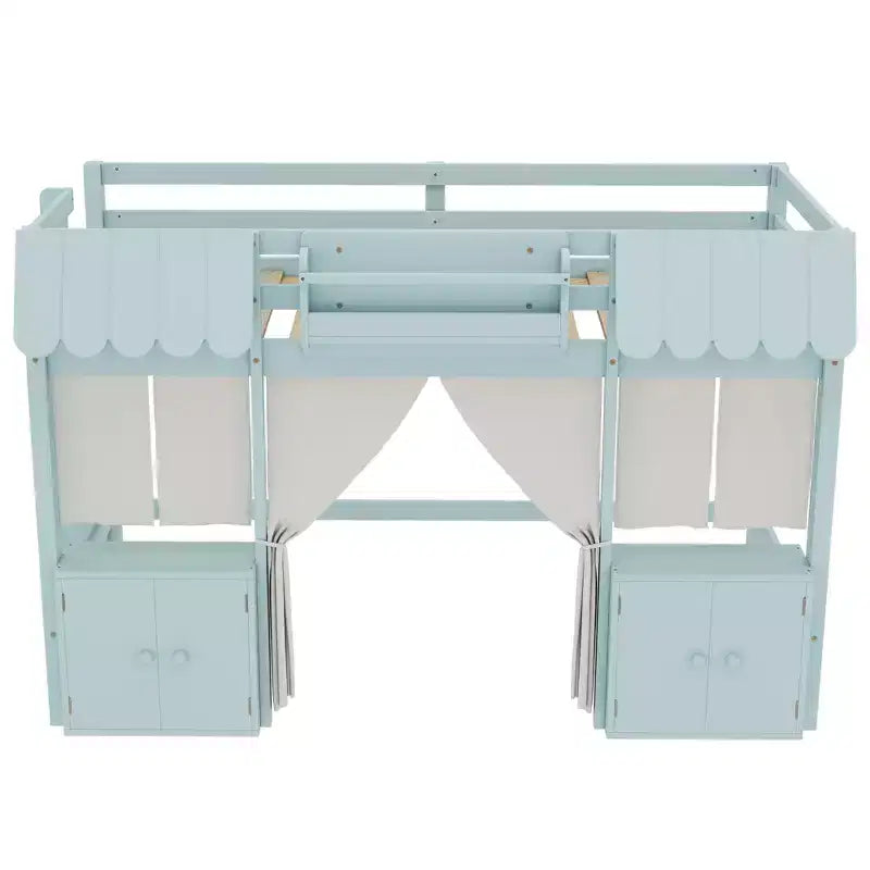 Lettino a soppalco Montessori Bellemave con libreria, tenda, mensola portaoggetti e sponda, design divertente e giocoso per bambini